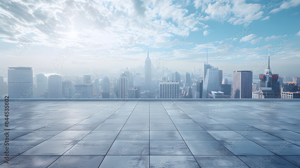 White background with large square empty floor in front of the city skyline of newyork during daytime, clear sky, blue and grey tones, city center architecture. White background with large square empty floor in front of the city skyline of newyork during daytime, clear sky, blue and grey tones, city center architecture.