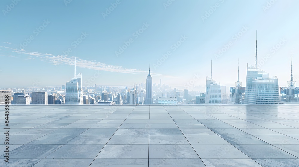White background with large square empty floor in front of the city skyline of newyork during daytime, clear sky, blue and grey tones, city center architecture. White background with large square empty floor in front of the city skyline of newyork during daytime, clear sky, blue and grey tones, city center architecture.