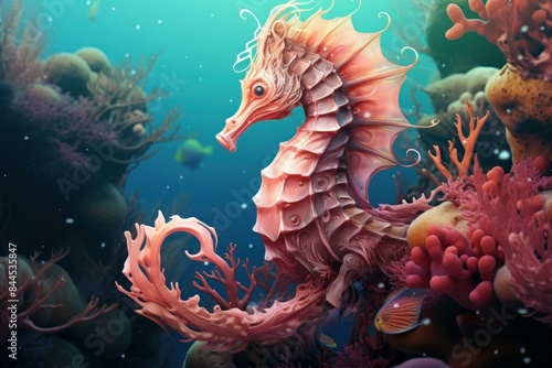 Digital artwork of a vibrant seahorse amidst a colorful coral underwater scene