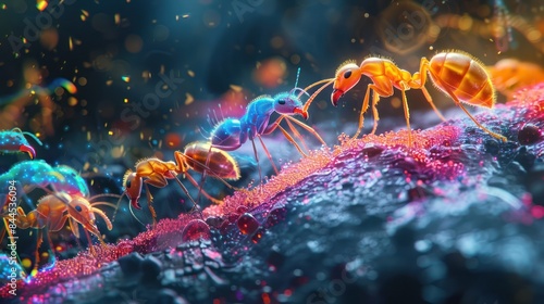 Vibrant macro shot of colorful ants on an illuminated surface, highlighting vivid details and dynamic natural interactions.