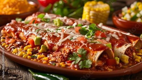 Mexican food. Latin American cuisine. South American cuisine. Traditional enchilada dish with meat, vegetables, corn, beans and tomato sauce