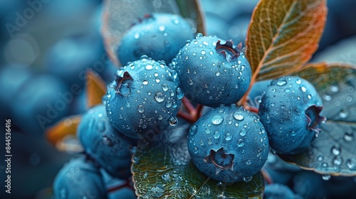  A group of blueberries resting atop a green, leafy plant with droplets on the foliage
