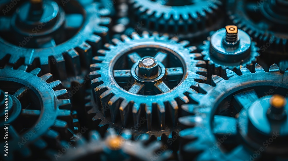 Closeup of interlocking gears symbolizing mechanical systems, including AI and robotic components in the style of mechanical systems. Closeup of interlocking gears symbolizing mechanical systems, including AI and robotic components in the style of mechanical systems.