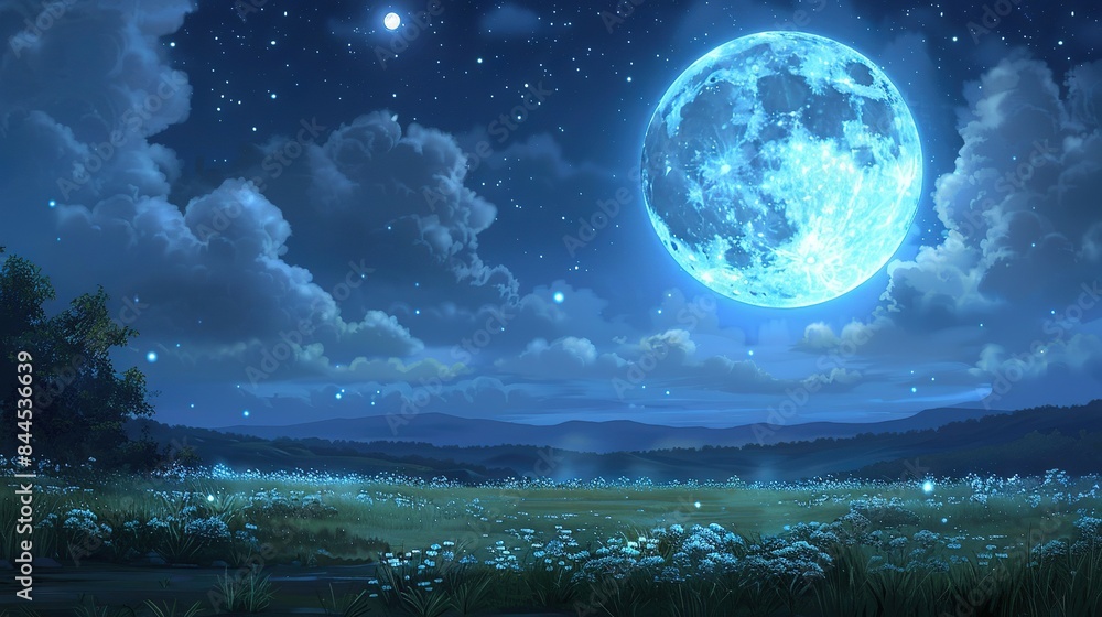 A night scene with a full moon in the sky and a field of wildflowers in the foreground, beautifully lit by the soft glow of the moonlight A night scene with a full moon in the sky and a field of wildflowers in the foreground, beautifully lit by the soft glow of the moonlight