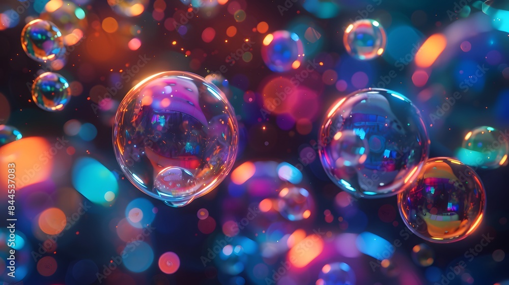 Colorful bubbles floating in the air on a dark background. Bubbles flying around with colorful lights in the style of bubbles. Colorful bubbles floating in the air on a dark background. Bubbles flying around with colorful lights in the style of bubbles.
