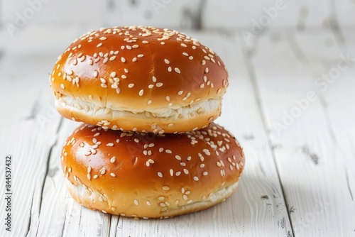 Homemade freshly baked brioche burger buns on a white wooden background