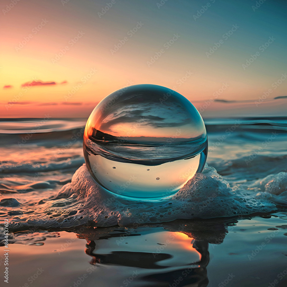 A glass ball on calm water at sunset, reflecting warm colors for a serene scene.