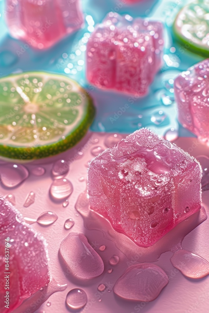 A closeup of gummy bear ice cubes in pink and green colors, lime slice,glistening with water droplets and creating an artistic pattern. The background has soft pastel hues, providing a serene A closeup of gummy bear ice cubes in pink and green colors, lime slice,glistening with water droplets and creating an artistic pattern. The background has soft pastel hues, providing a serene