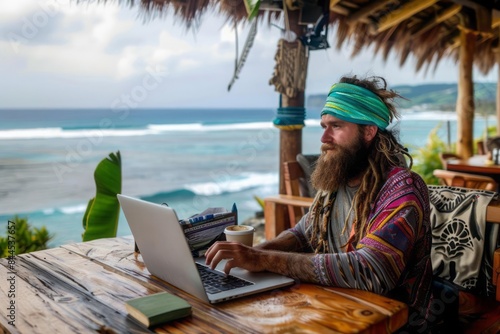 A digital nomad working on a laptop at a beachside cafe with a stunning ocean view in the background showcasing the freedom of remote work