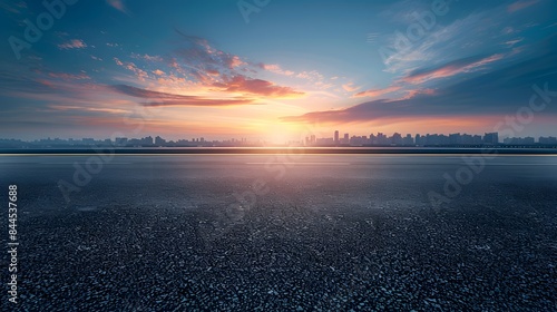 Fototapeta Naklejka Na Ścianę i Meble -  Empty asphalt road with city skyline and blue sky background at sunset.