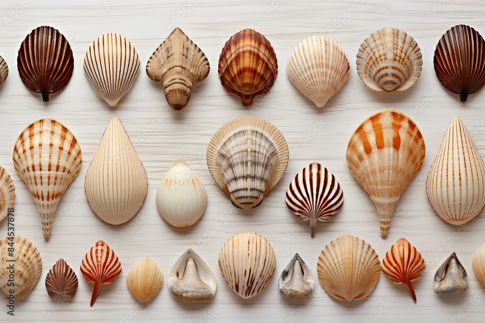 Collection of colorful seashells meticulously arranged on a white wooden surface Collection of colorful seashells meticulously arranged on a white wooden surface