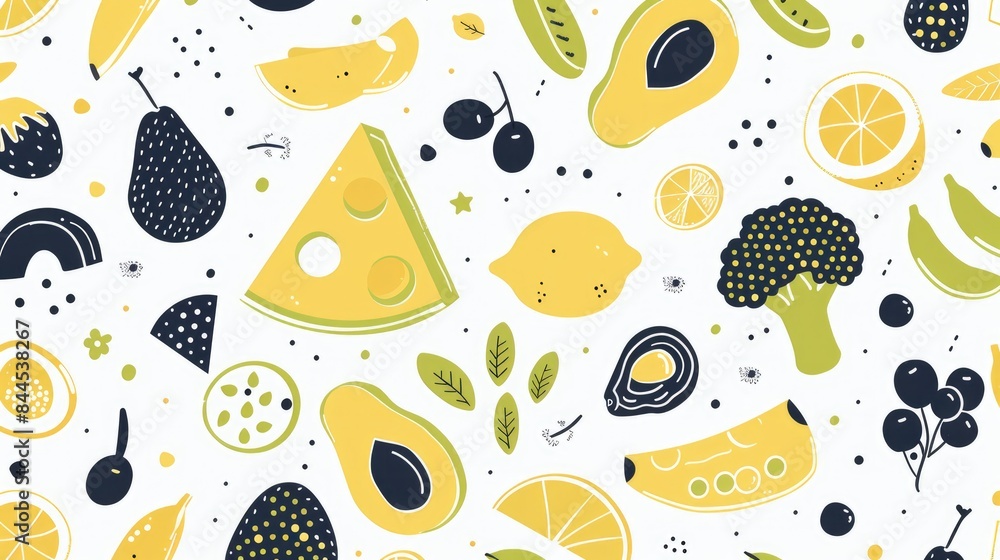 Explore this seamless pattern featuring a variety of food icons like avocado egg cheese lemon broccoli grapes apple pear and banana against a crisp white backdrop The monochromatic design i Explore this seamless pattern featuring a variety of food icons like avocado egg cheese lemon broccoli grapes apple pear and banana against a crisp white backdrop The monochromatic design i