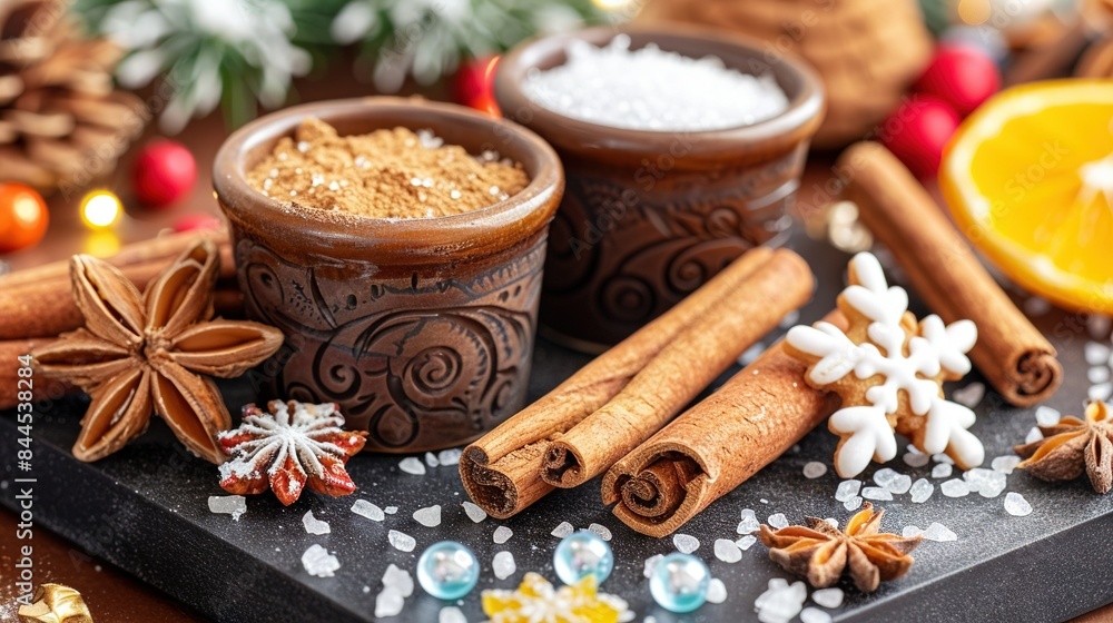 A plate of close-up food with cinnamon and star anise on the edge A plate of close-up food with cinnamon and star anise on the edge