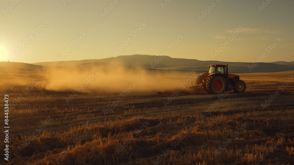 Tractor Plowing a Field at Sundown with Dust Haze in the Air Tractor Plowing a Field at Sundown with Dust Haze in the Air