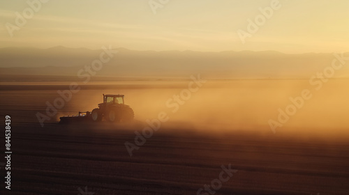 Tractor Plowing a Field at Sundown with Dust Haze in the Air