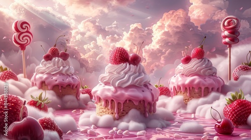 Pink cupcakes topped with cherries and strawberries on clouds in a pink sky with lollipops