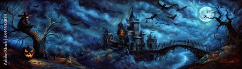 Spooky Halloween night with a witch on a tree, a creepy castle, bats flying, and a glowing pumpkin under a full moon sky.