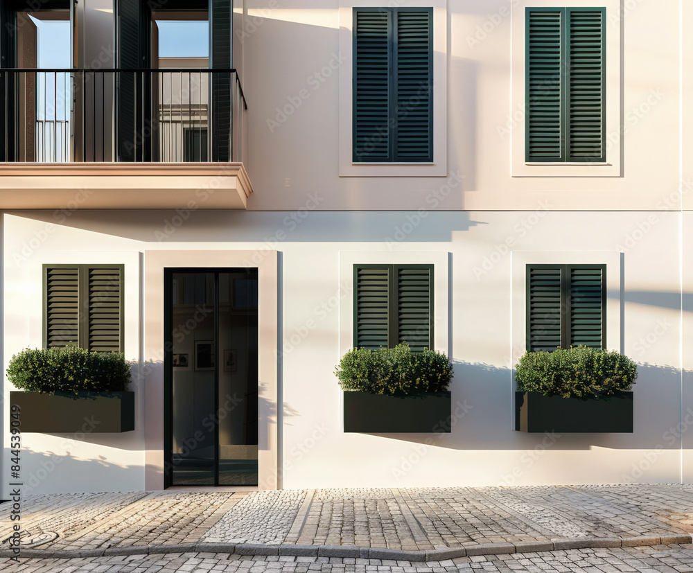 Stylish modern house facade with natural elements and elegant design. Architectural home composition. Stylish modern house facade with natural elements and elegant design. Architectural home composition.