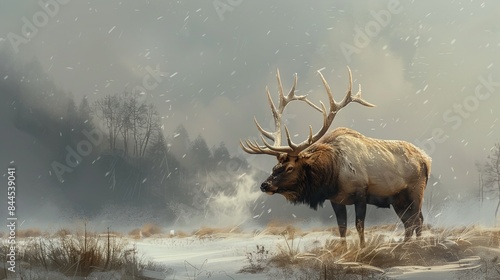 A large elk stands in a clearing its breath visible in the cold air as it struggles to find a patch of grass to graze on amidst the thick snowy terrain