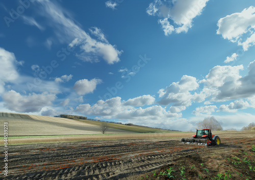 Tractor Plowing a Field on a Bright Sunny Spring Day with Clouds