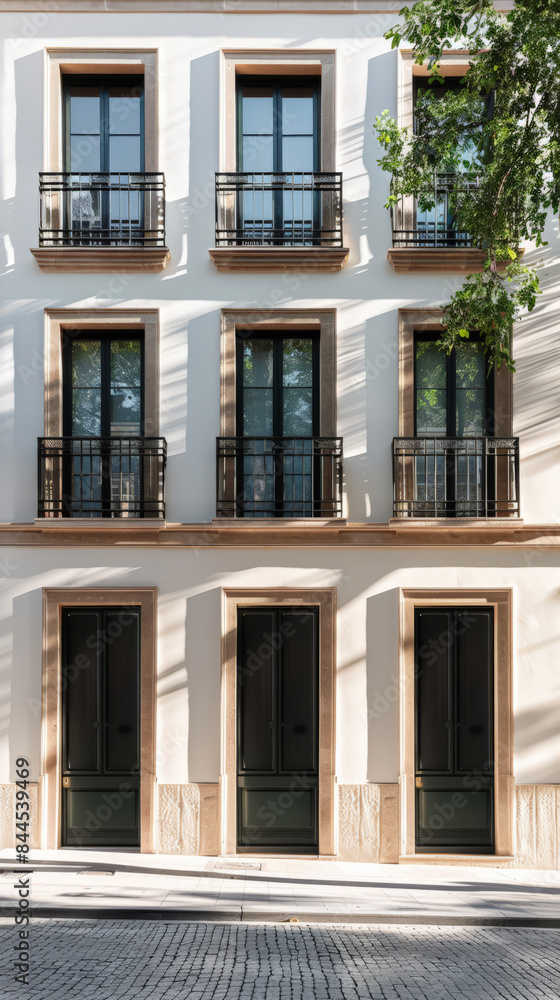 Fototapeta premium Stylish modern house facade with natural elements and elegant design. Architectural home composition.