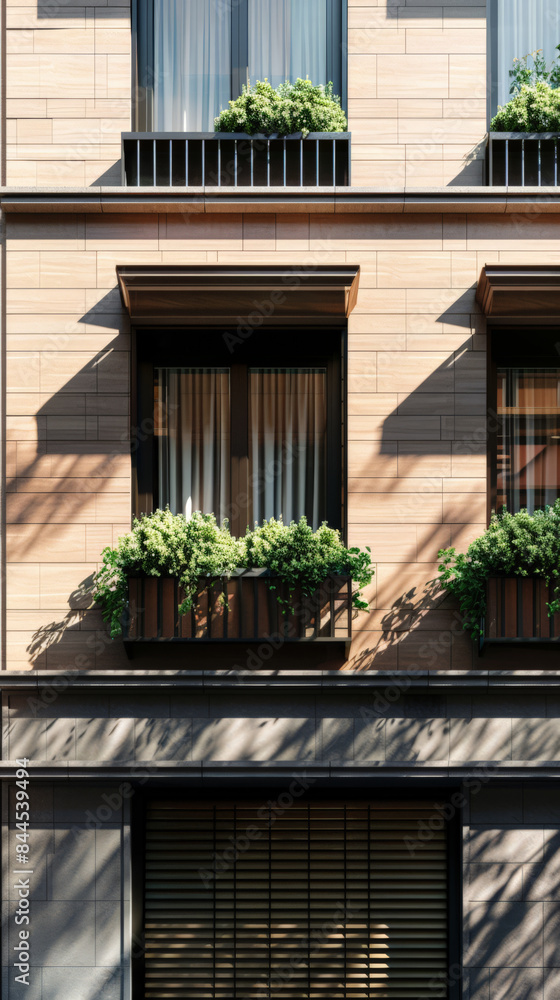 Stylish modern house facade with natural elements and elegant design. Architectural home composition. Stylish modern house facade with natural elements and elegant design. Architectural home composition.