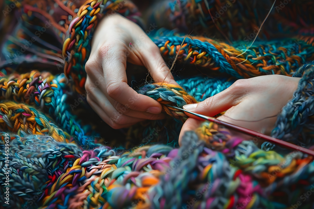 A close-up photo of a person's hands knitting with colorful yarn, capturing the texture of the yarn and the knitting needles A close-up photo of a person's hands knitting with colorful yarn, capturing the texture of the yarn and the knitting needles