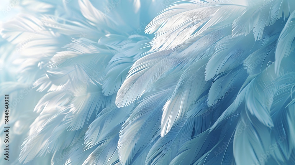 Obraz premium Light blue background, feathers, white color, soft light.