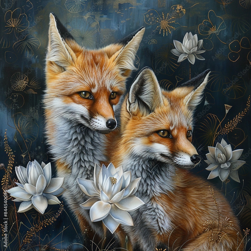 Fototapeta premium A painting featuring two foxes resting together on a blue backdrop and white flowers adorning the foreground