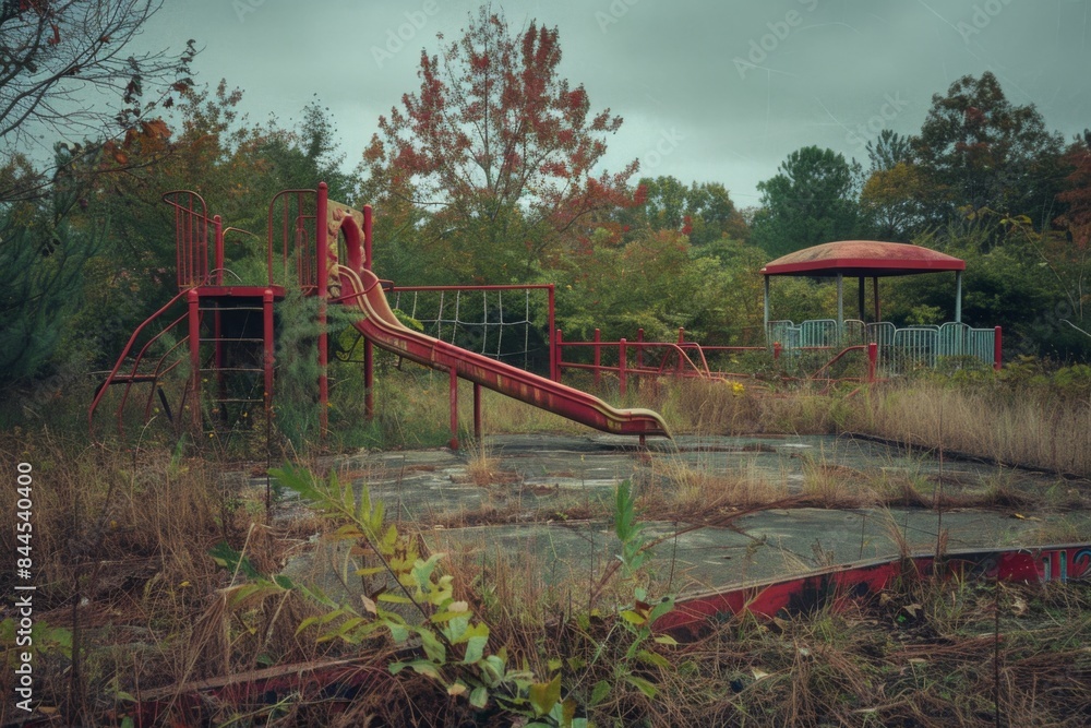 A playground with a red slide and a red bench A playground with a red slide and a red bench