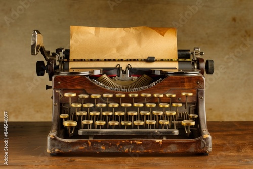 An old typewriter sits on a wooden table