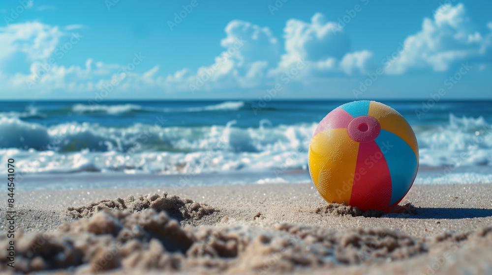 Beach ball on sandy shore with ocean waves Beach ball on sandy shore with ocean waves