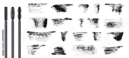 Mascara brush strokes set. Black mascara brush stains collection. Lashes cosmetic. Brush smudge. Mascara applicator stain. Eyelashes. Make up. Beauty product.