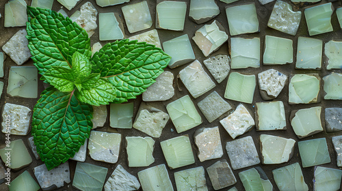 Green mint leaves on blue green mosaic tiles