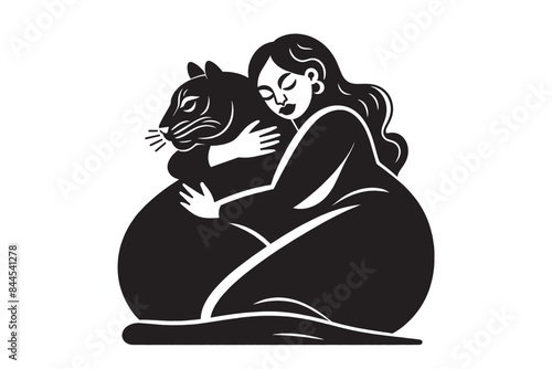 Beautiful curvy woman hugs a black panther. Black and white abstract vector illustration, print, emblem. Artwork. Hand-drawn