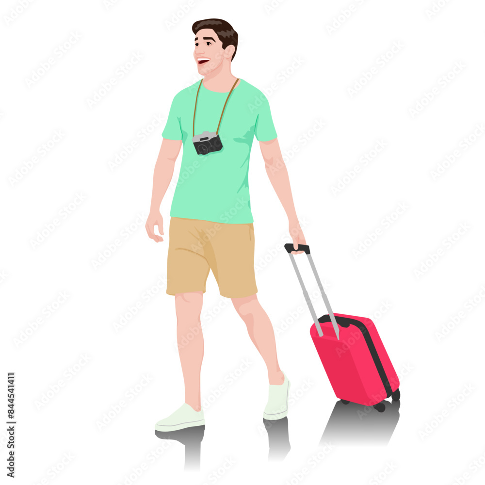 Young walking man tourist with camera. Male in casual clothes with a suitcase. Young male traveler goes on a journey. Vector illustration isolated on white Young walking man tourist with camera. Male in casual clothes with a suitcase. Young male traveler goes on a journey. Vector illustration isolated on white