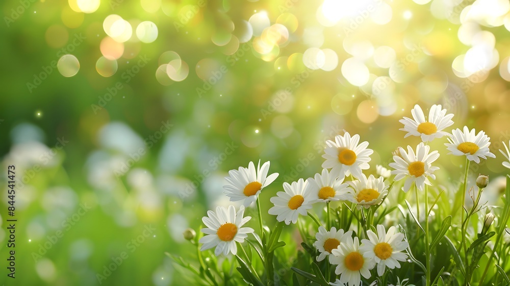 White flowers on a green background with blurred sunlight and a bokeh effect, creating a spring or summer nature concept banner design.