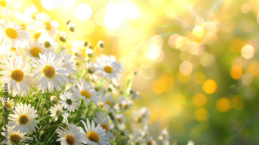White flowers on a green background with blurred sunlight and a bokeh effect, creating a spring or summer nature concept banner design. White flowers on a green background with blurred sunlight and a bokeh effect, creating a spring or summer nature concept banner design.