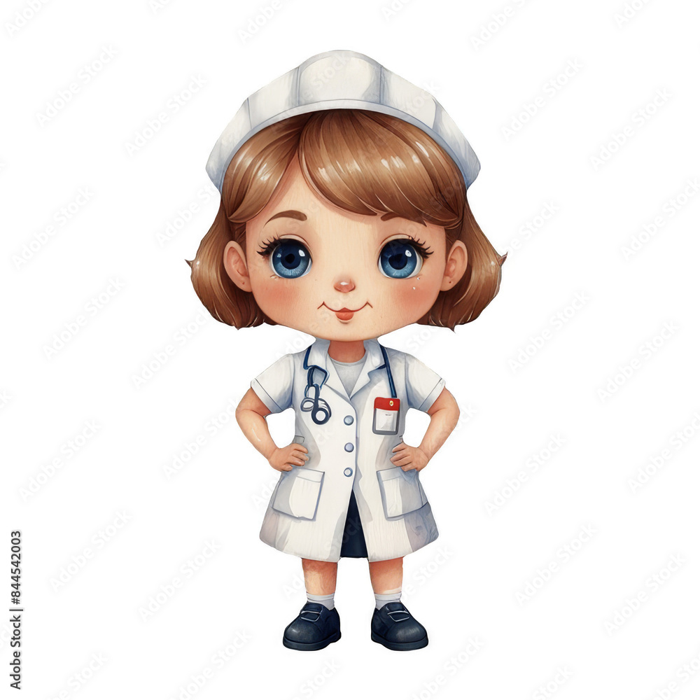 A cartoon girl in a white nurse's uniform stands with her arms crossed A cartoon girl in a white nurse's uniform stands with her arms crossed