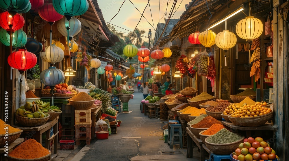 A vibrant street market under colorful lanterns showcases exotic spices and fresh produce in golden sunlight.