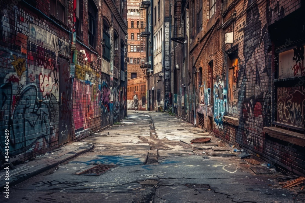 Fototapeta premium A graffiti covered alleyway with a lot of graffiti on the walls