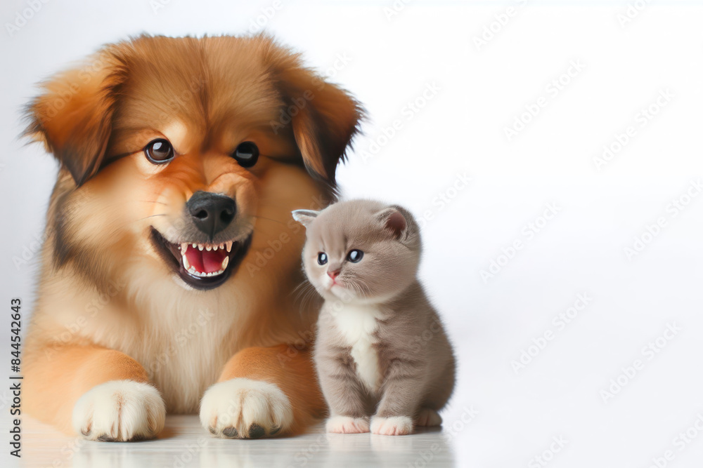 Angry dog sitting with a small kitten. Space for text. Angry dog sitting with a small kitten. Space for text.