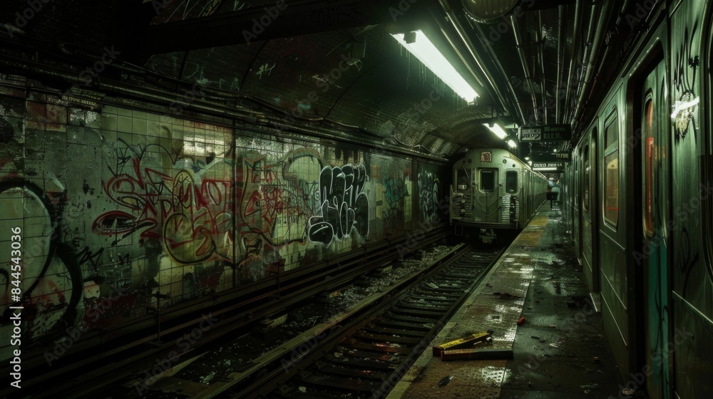 A subway train is parked in a tunnel with graffiti on the walls A subway train is parked in a tunnel with graffiti on the walls