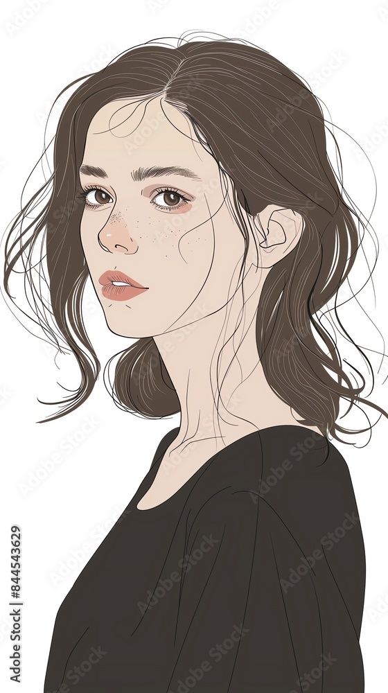 Illustration of a thoughtful young woman with flowing dark hair, wearing a black outfit. Perfect for artistic and expressive projects. Illustration of a thoughtful young woman with flowing dark hair, wearing a black outfit. Perfect for artistic and expressive projects.