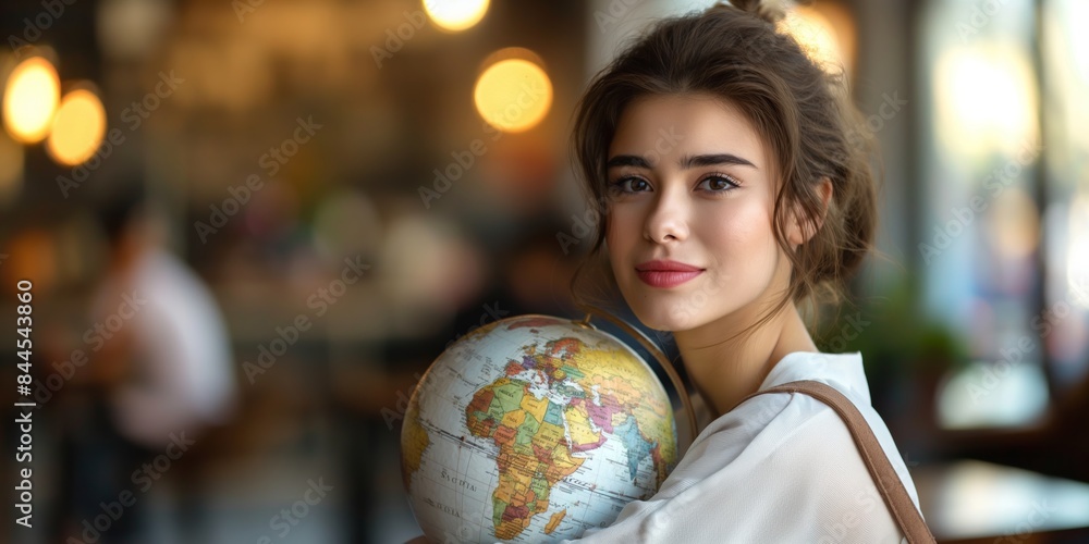A young woman holding a globe and smiling, ready for new travel adventures, embodying exploration, wanderlust, and the excitement of discovering new places. A young woman holding a globe and smiling, ready for new travel adventures, embodying exploration, wanderlust, and the excitement of discovering new places.