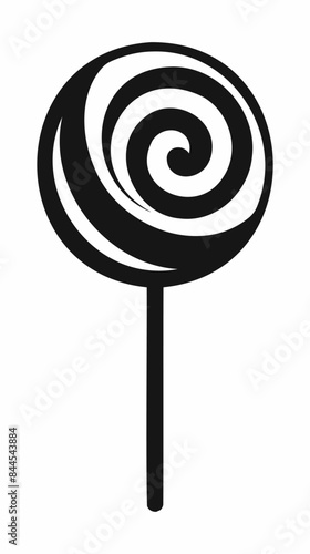 Black silhouette of a lollipop with a swirled pattern. Isolated on white background. Sweet candy icon in a minimalist style. Concept of confectionery, dessert. Print, design element.