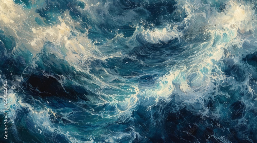 Abstract painting of turbulent ocean waves, with a dark blue and white palette. Abstract painting of turbulent ocean waves, with a dark blue and white palette.