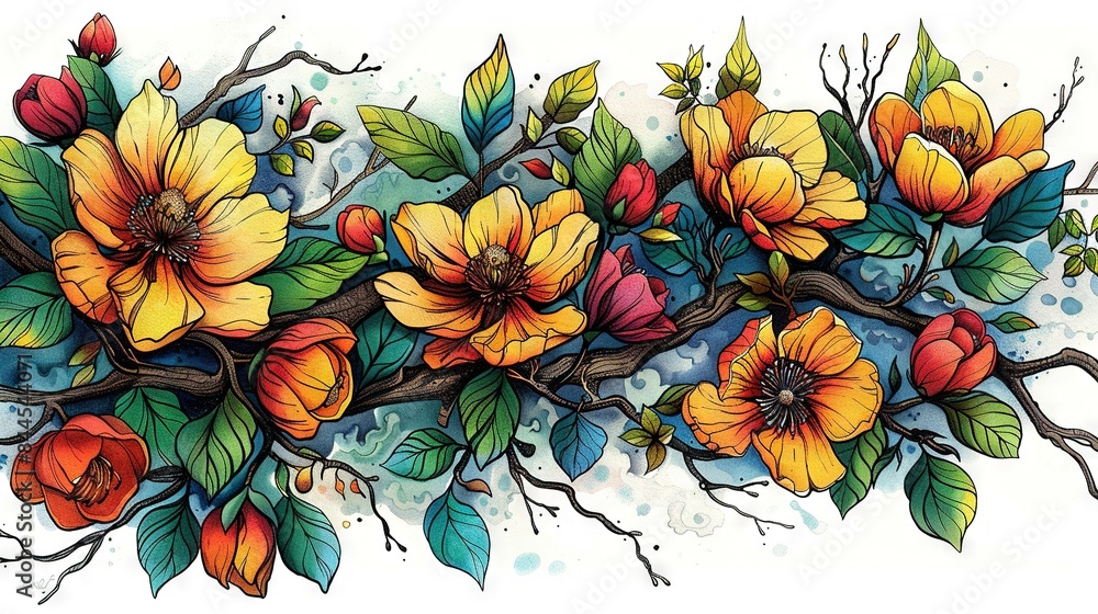 A vibrant depiction of blossoms adorning a tree limb, surrounded by lush foliage A vibrant depiction of blossoms adorning a tree limb, surrounded by lush foliage