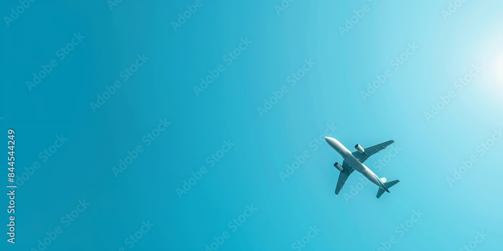 An airplane soars through a clear and expansive blue sky, representing travel, freedom, and the modern advancements in aviation technology. An airplane soars through a clear and expansive blue sky, representing travel, freedom, and the modern advancements in aviation technology.