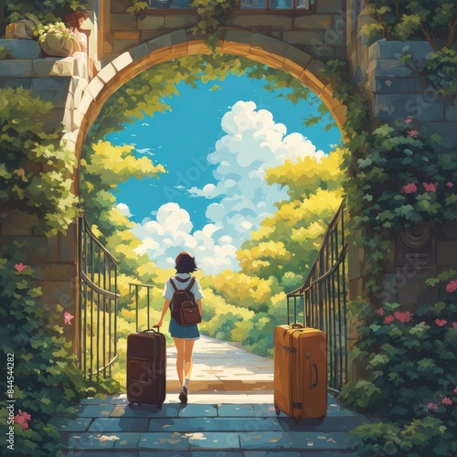 Illustration of a girl who loves traveling, carrying a suitcase, reading a travel guide in anime, watercolor and cartoon style.